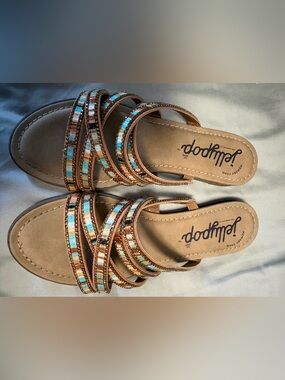 Jellypop Beaded Slide Sandals in Turquoise, White & Tan